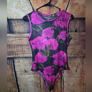 Floral Pink and Black Sleeveless Bodysuit